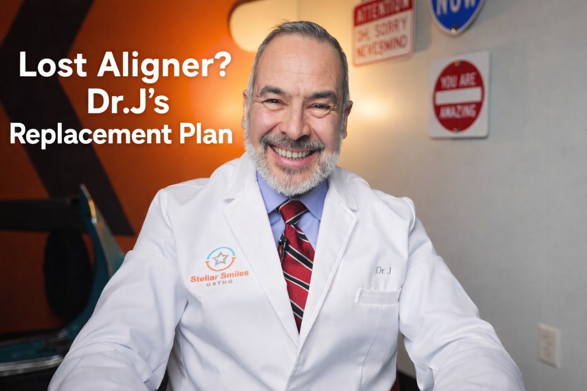 Smiling orthodontist in a white coat with “Lost Aligner? Dr. J’s Replacement Plan” text beside him and a close-up of a clear dental aligner in the background.