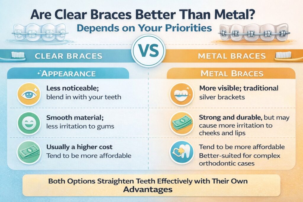 A comparison between clear braces and metal braces showing which is better