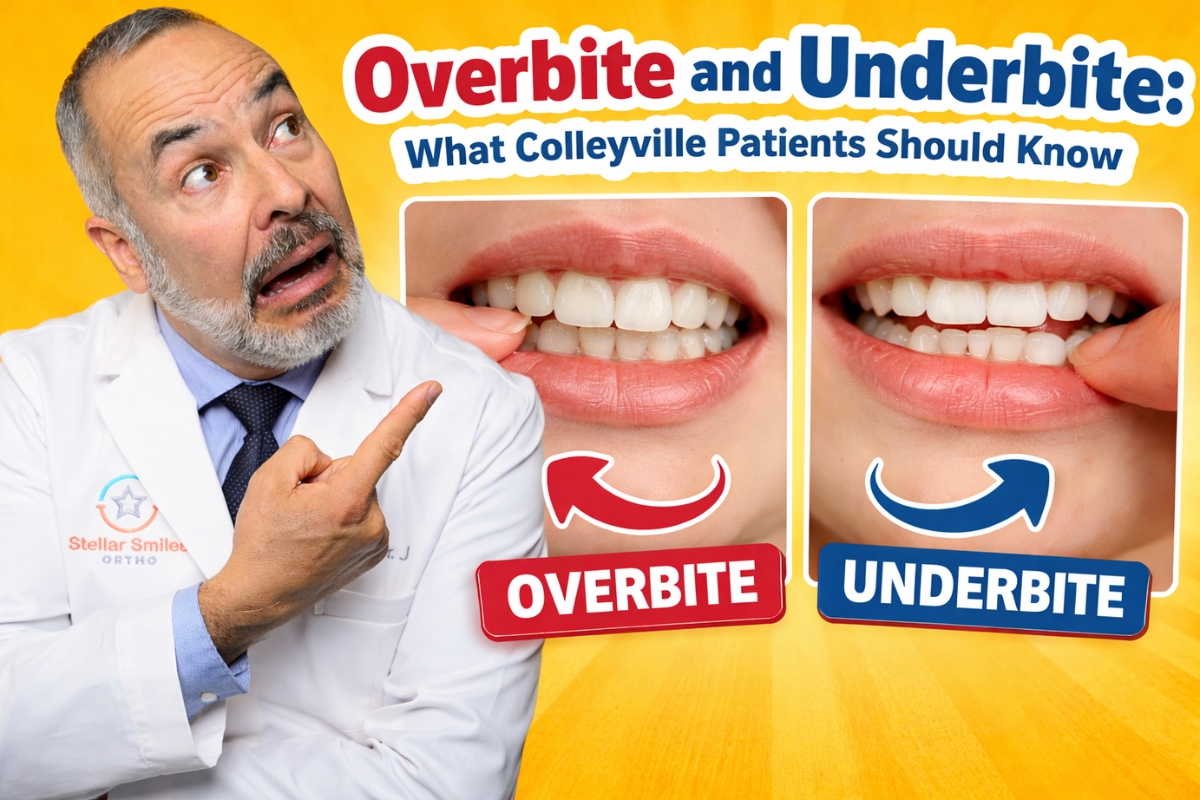 Colleyville Orthodontist Dr.J explaining overbite and underbite differences with visual comparison of teeth alignment
