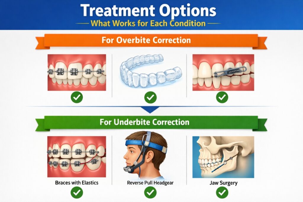 Overbite and underbite treatment options including braces, clear aligners, elastics, and jaw surgery by Colleyville orthodontist.