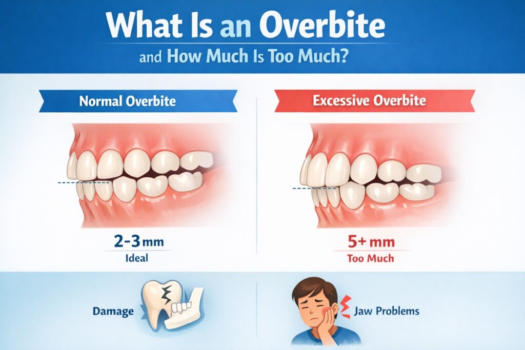 Diagram showing normal vs excessive overbite measurement and dental issues explained by Colleyville orthodontist for overbite and underbite cases
